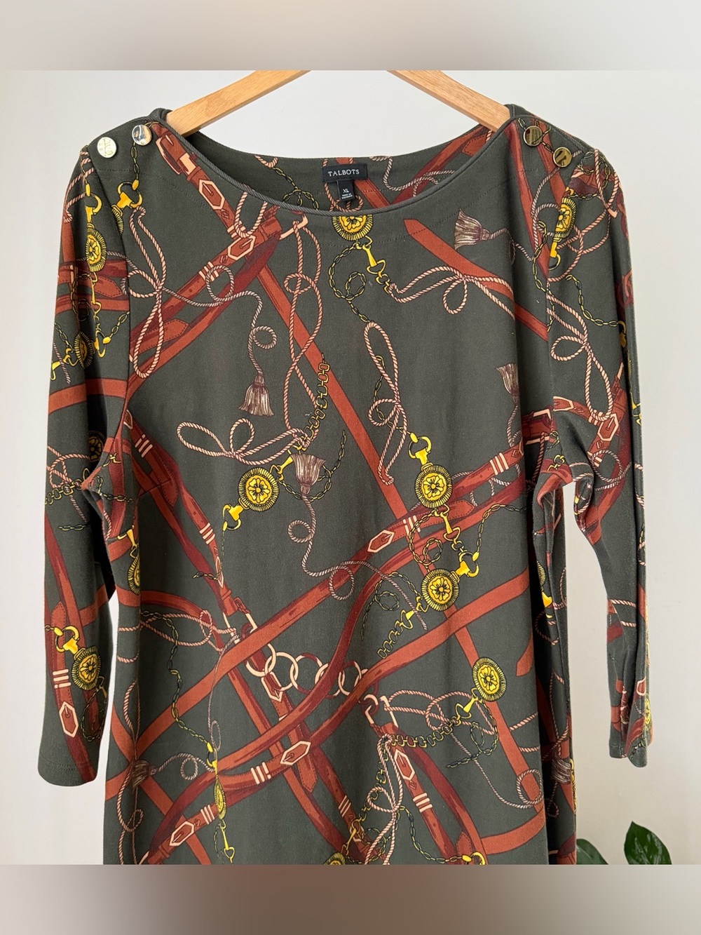 Women's TALBOTS Hunter Green Midi Dress Equestrian Chain Horse Old Money Size XL - Picture 3 of 5